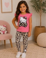 Hello Kitty Girls 2 Piece Outfit Pink Leopard Print Top  Leggings NWT Size 5/6