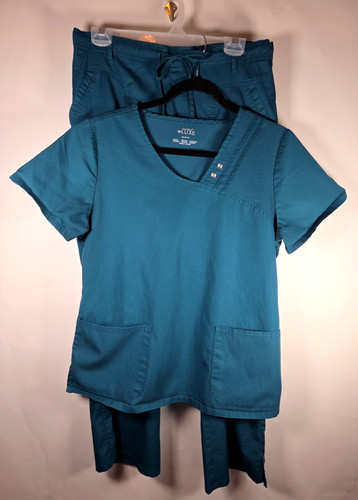 Set Cherokee Luxe Women Medium Teal Blue Stretch Pockets Top Cargo Pants Scrubs