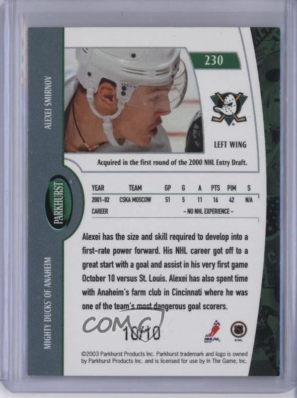 2002-03 ITG Parkhurst Gold /10 Alexei Smirnov #230 Rookie RC - Image 2 of 2
