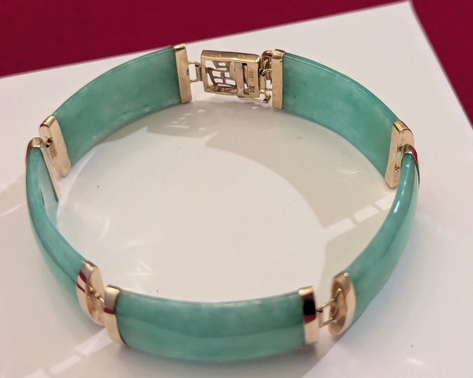 Brazalete De Colección Oro 14KT Verde Claro Jade Jadeíta 7" Estilo Asiático Precioso Cierre FU Foto 3 de 4
