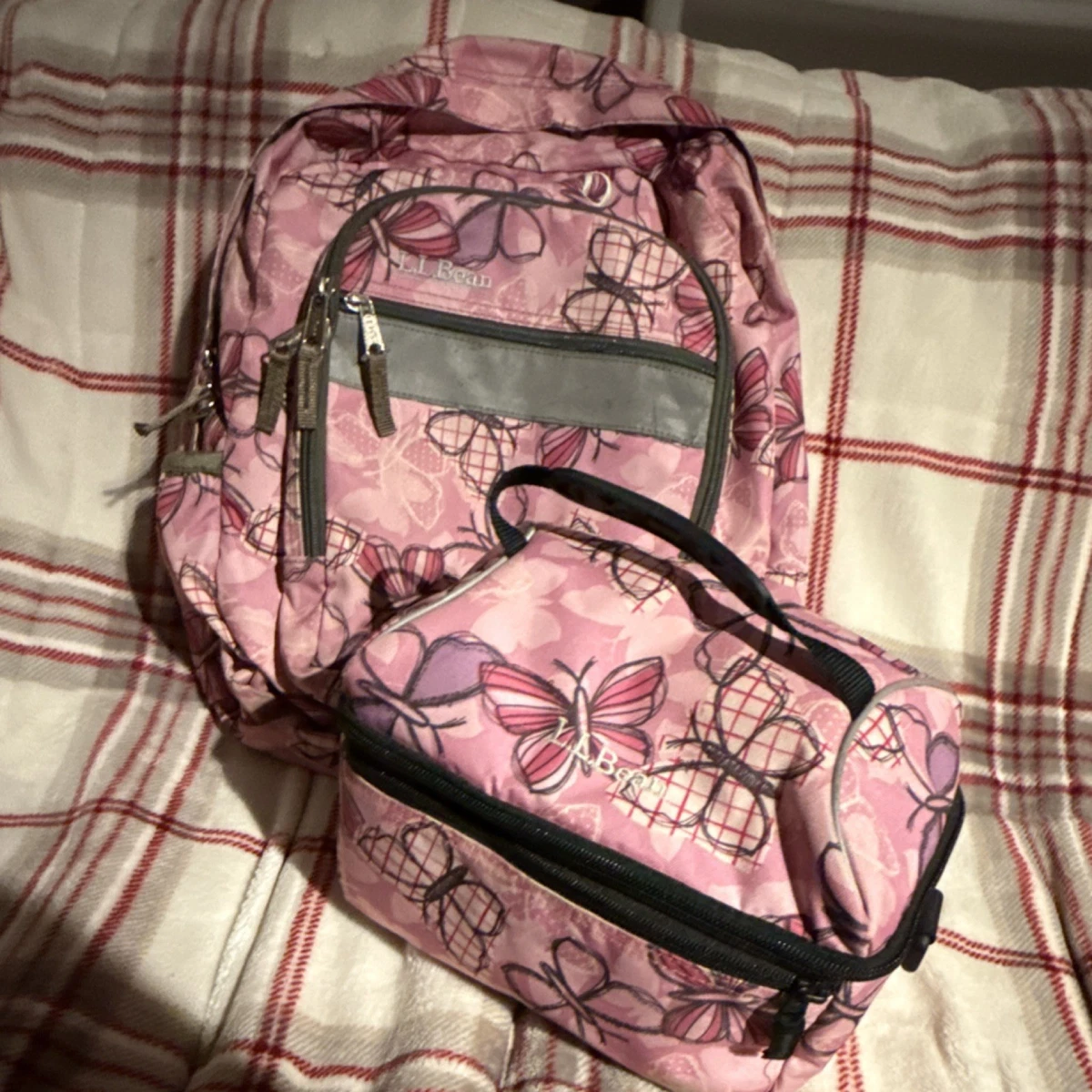 LL Bean Rolling Backpack Pink Butterfly 18x14x8\