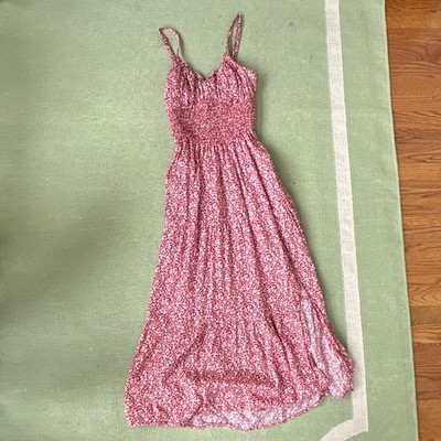 Red And White Floral Holster Maxi Dress With Criss Cross Back Women XS