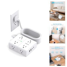 10Ft Flat Extension Cord Power Strip with 8 Outlets 4 USB Ports Surge Protector