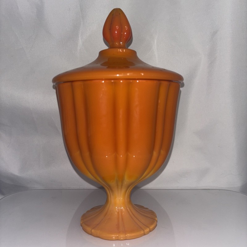 Vintage Pedestal Ern Orange Shading with Lid MCM Heavy Pottery
