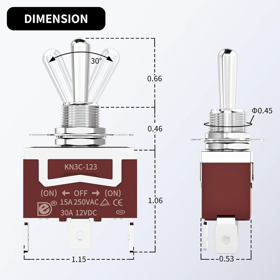 Toggle Switch 12V DC (ON)-Off-(ON) 3 Way Waterproof Toggle Switch 12 V - Image 2 of 4