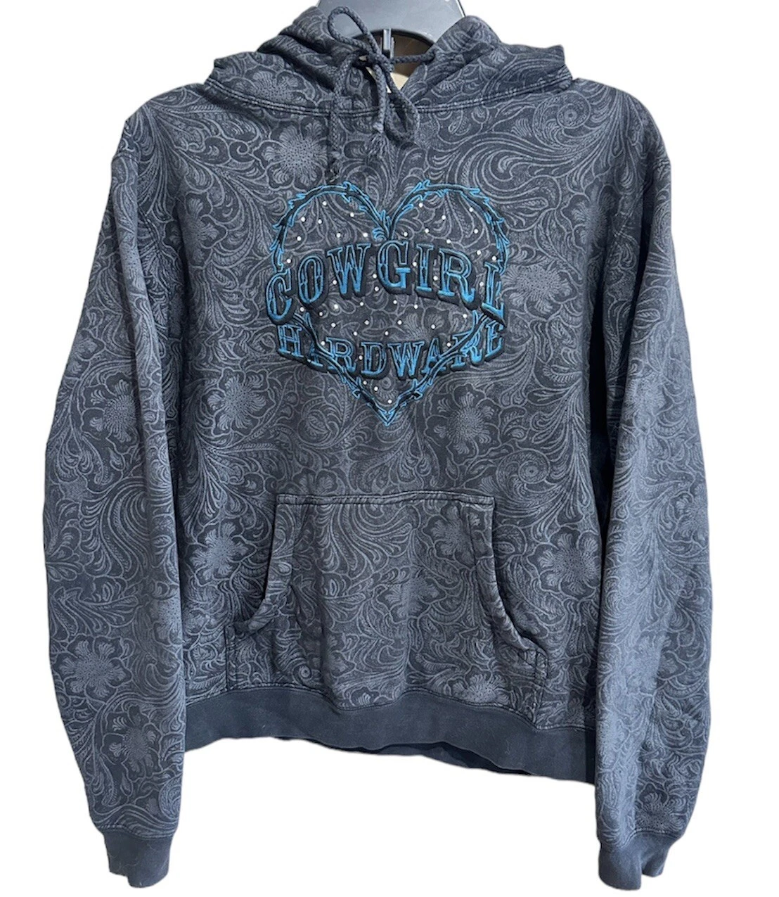 Cowgirl Hardware Black Grey Paisley Hoodie Blue Logo Rhinestones Bling Heart M