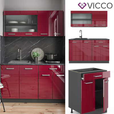 Vicco - Cuisine R-line 140 Cm - Béton Noir, Chêne Doré