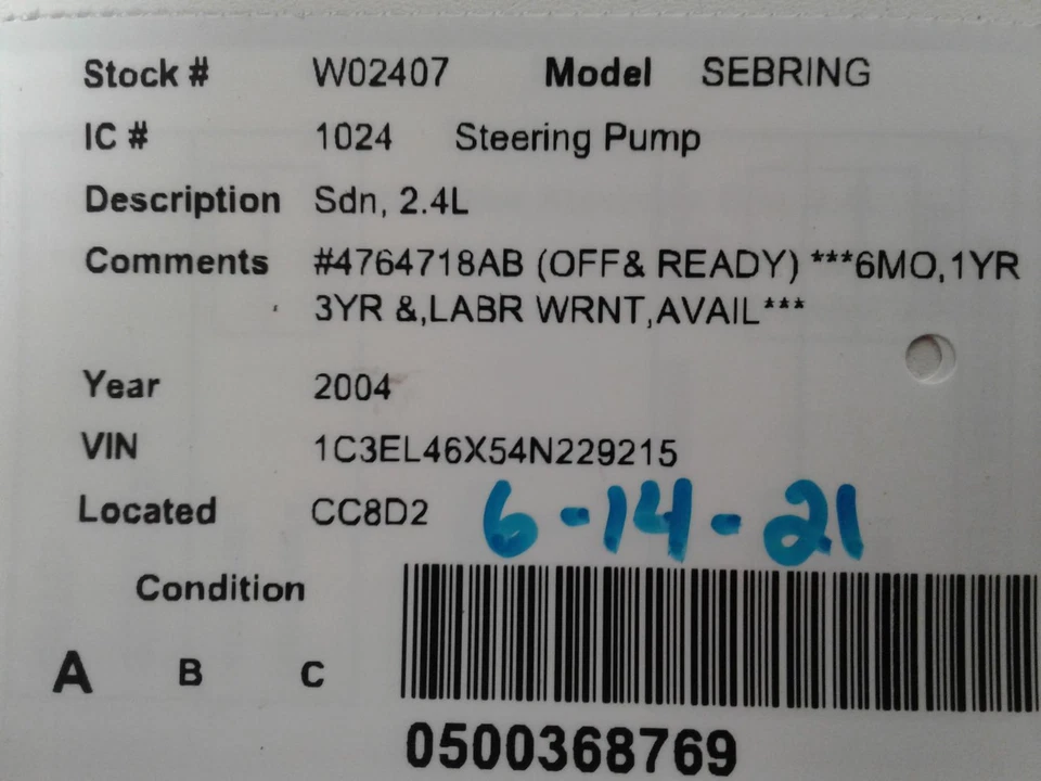 Bomba de dirección asistida usada se adapta a: Chrysler Sebring Sdn 2004 2,4 grado A Foto 4 de 4