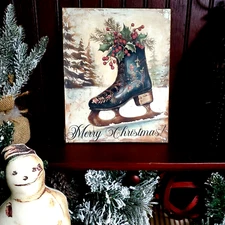 STUNNING SHABBY VINTAGE PRIMITIVE FOLK STYLE CHRISTMAS PAINTED ICE SKATE SIGN