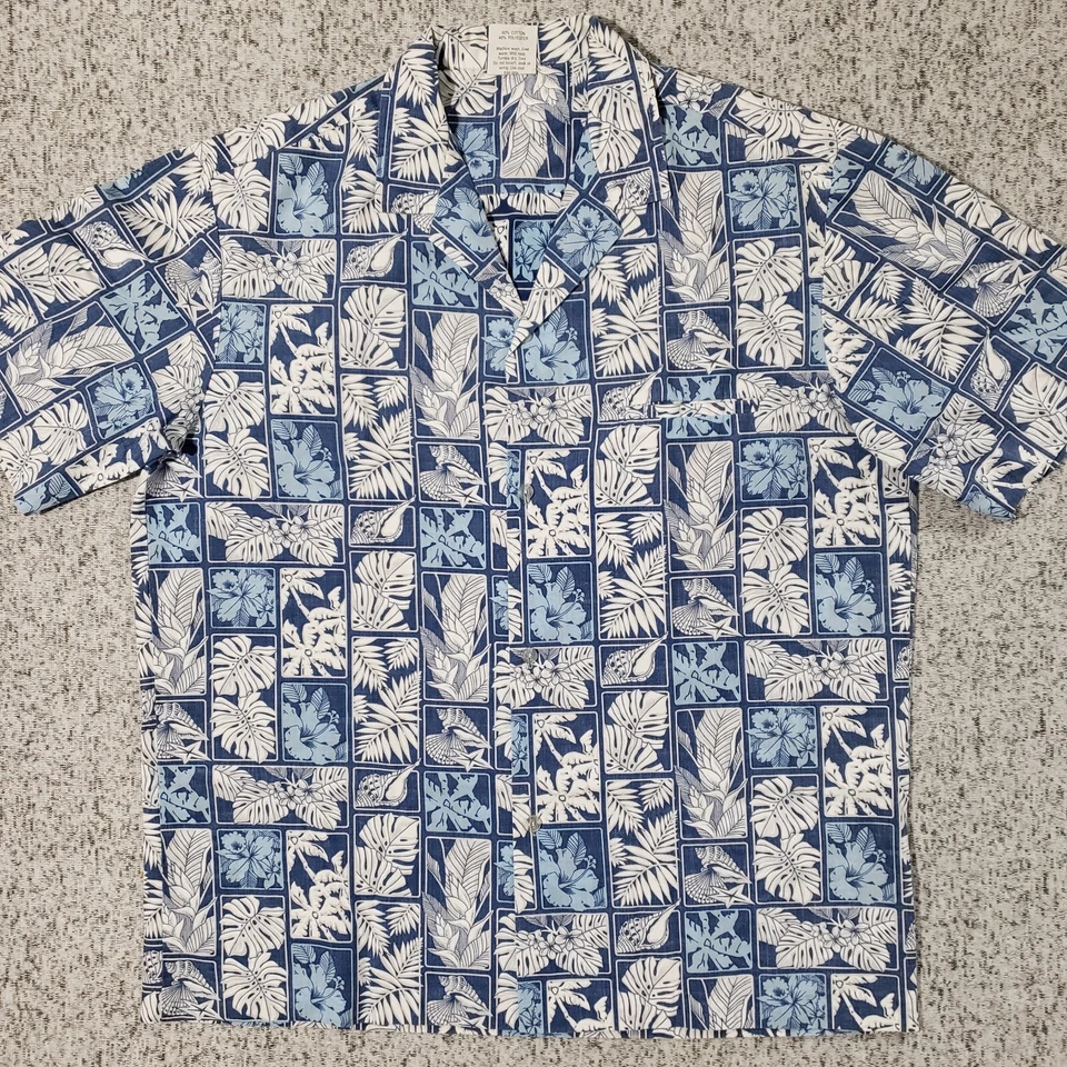Camisa Royal Creations Para Hombre L Azul Blanco Conchas Marinas Hojas Estampado Reverso Hawaiano Foto 4 de 4