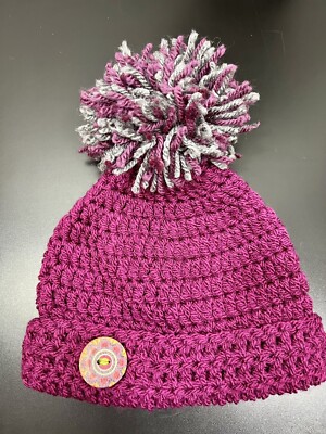 Baby Chunky Crochet Large Pom Pom Hat Plum Purple Christmas