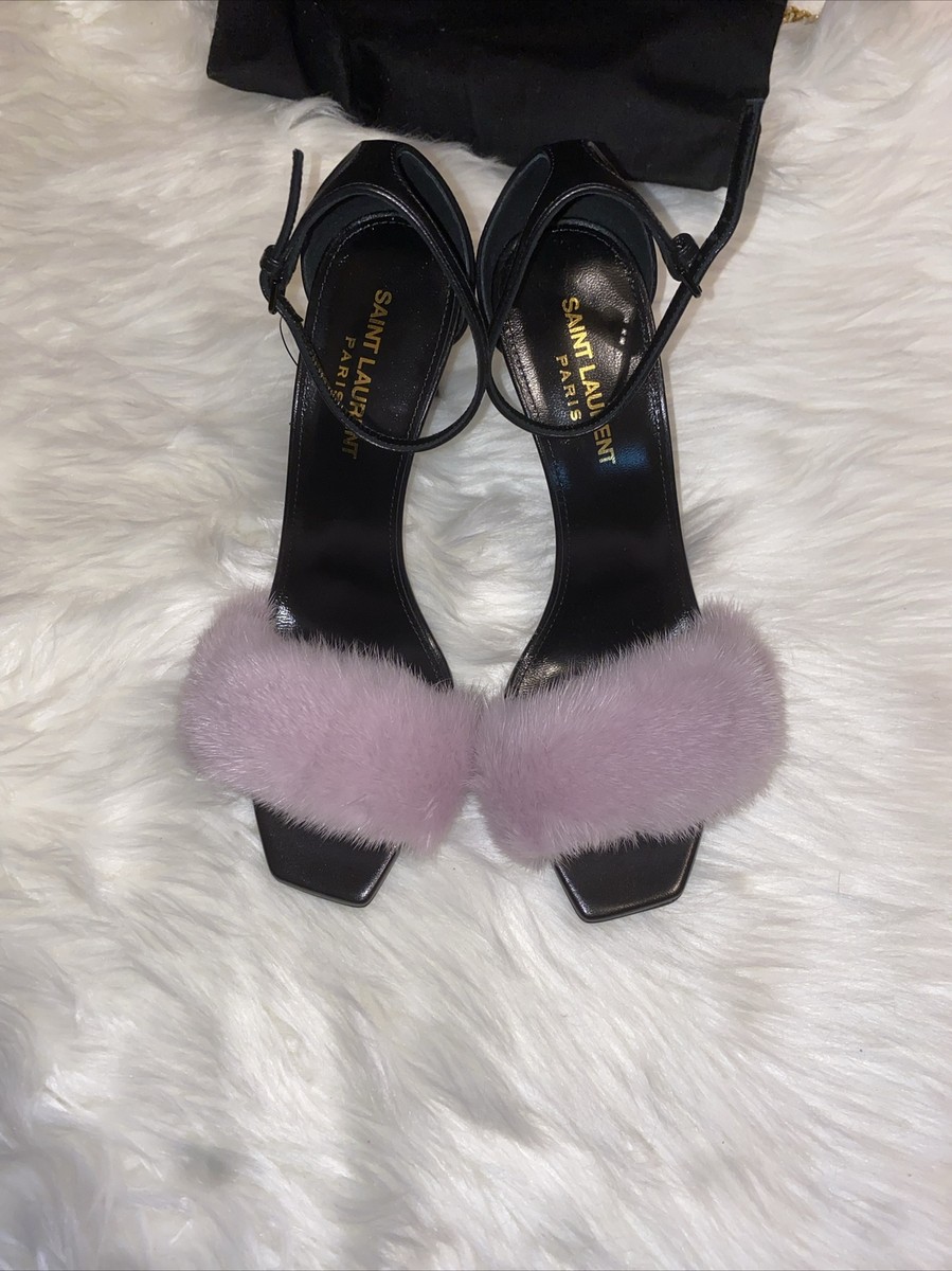 Ysl Saint Laurent Sandals With 3.35” Heels And Faux Fur In Ysl Saint Laurent Sandals With 3.35” Heels And Faux Fur In