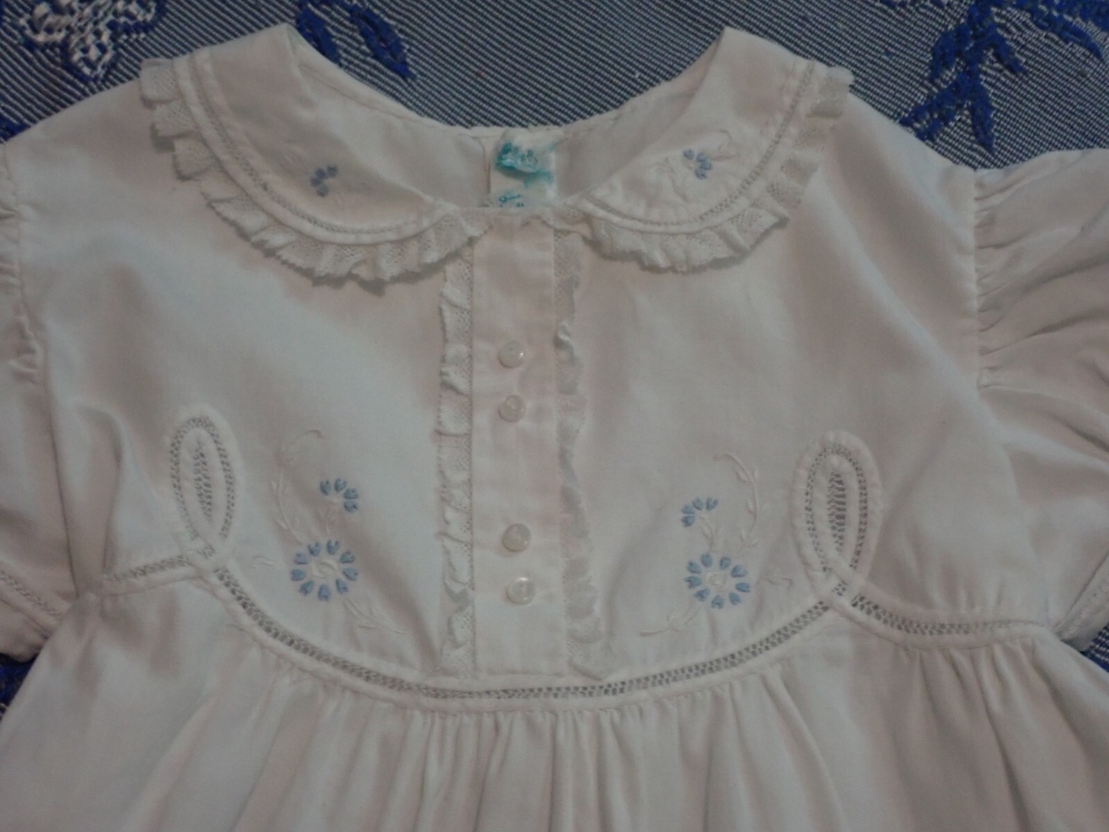 50s Vtg White Cotton Dress Battenberg Embroidered Peter Pan Collar 12-18 mos.