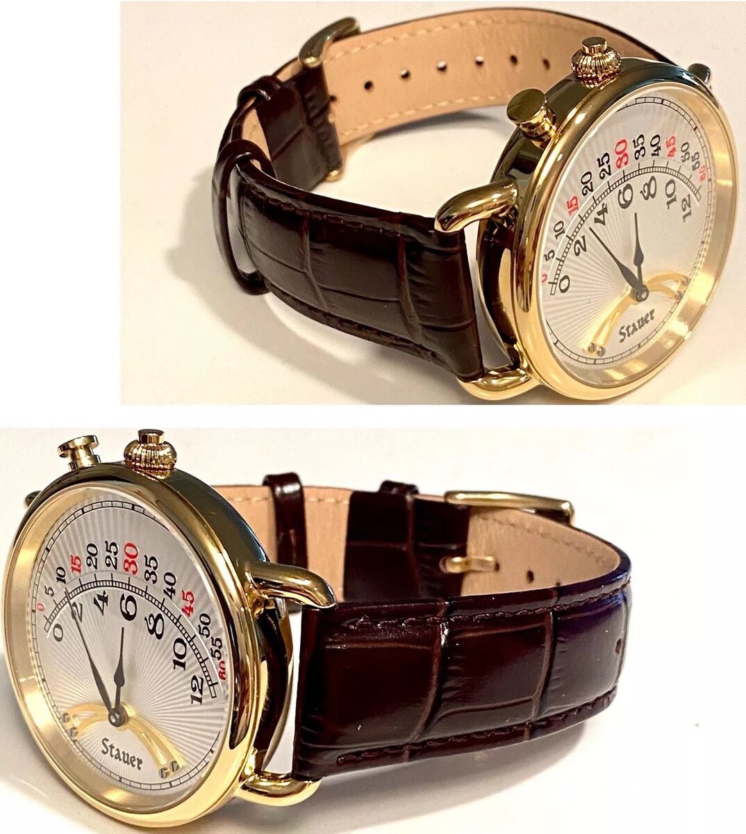 44mm 1920s RETROGRADE White Sunburst/Goldtone Brown Strap 44mm 1920s RETROGRADE White Sunburst/Goldtone Brown Strap