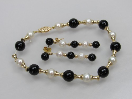 14k Gold Bead Pearl Onyx Bracelet & Dangle Earrings Matching Set PJS - Picture 3 of 17
