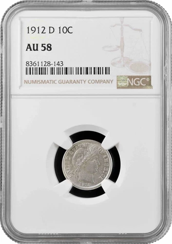 USA 10 cents (1 dime) 1912 D, NGC AU58, "Barber Dime" silver coin
