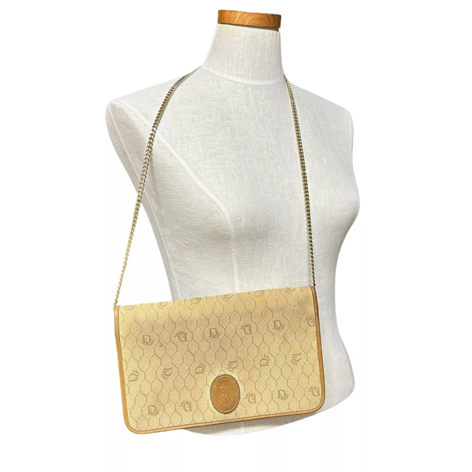 Sac ancien Christian Dior enveloppe monogramme marron, chaîne dorée