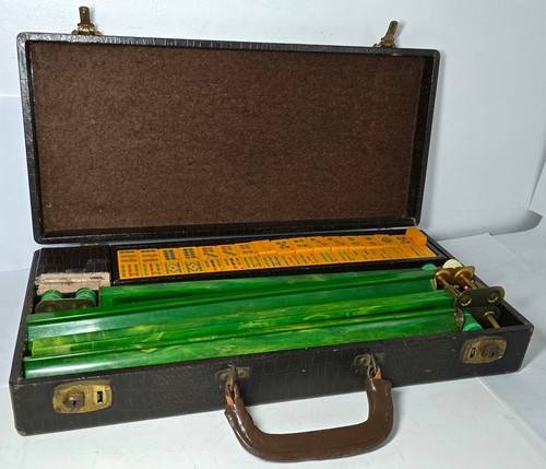 Old Mah Jong Set with 150 tiles, green racks in Alligatored Box