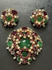 Vintage Verified Schreiner Peking Glass Brooch & Earring Set- RARE Book Pieces!