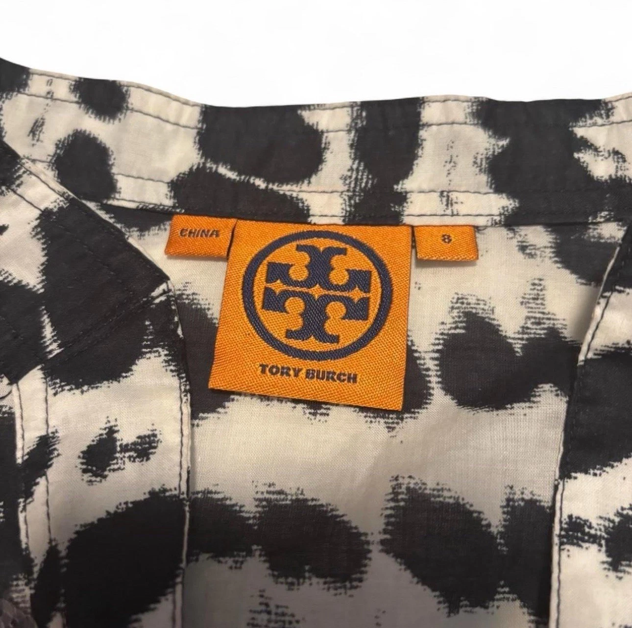 Top tunica donna Tory Burch taglia 8 nero bianco stampa paillettes blusa cotone