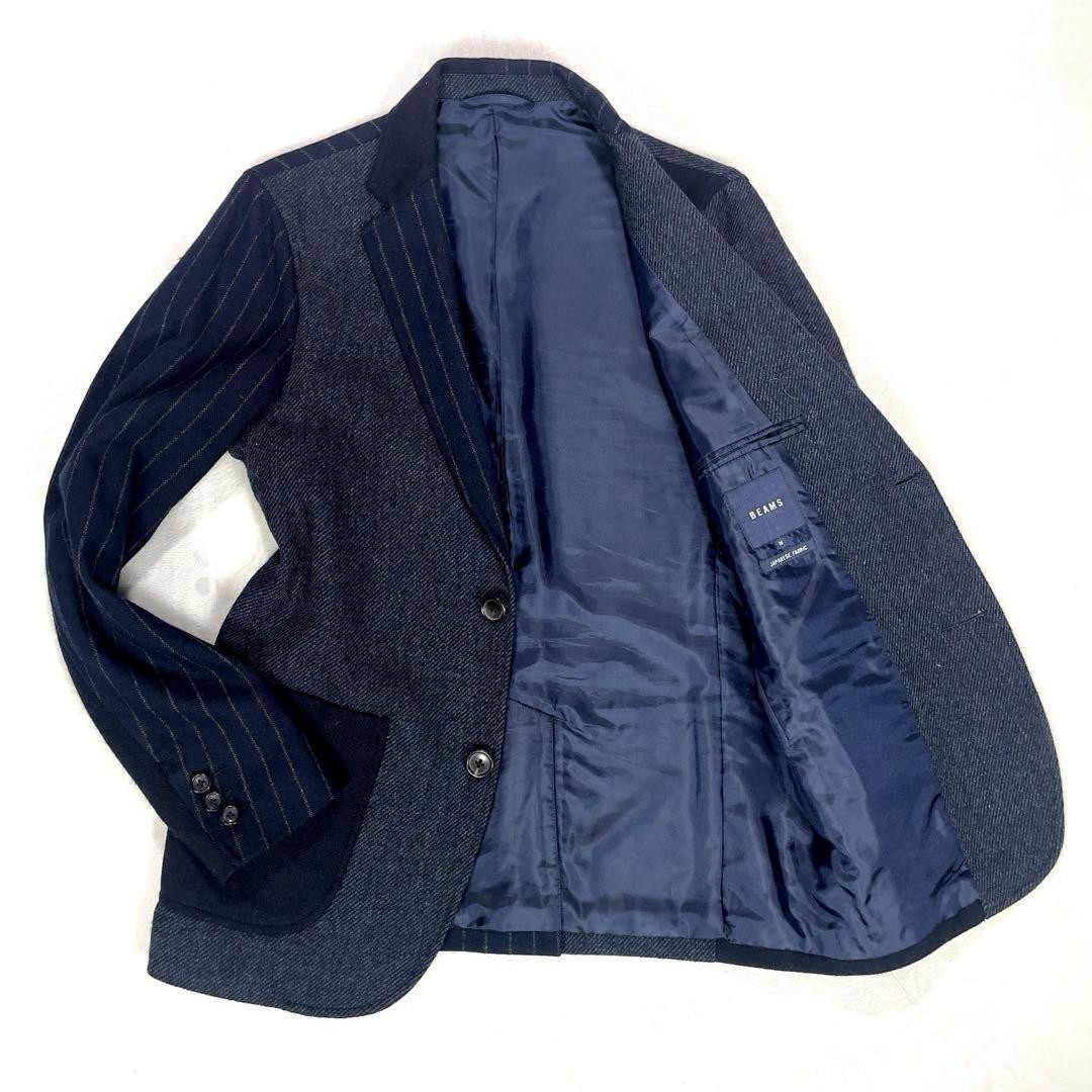 BEAMS Wool Tweed Patchwork Tailored Jacket M Navy… - image 12