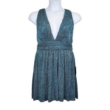 Lulu's Womens Sleeveless Ailey Teal Gold Metallic Skater Dress Size XL NWT
