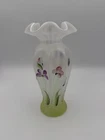 Fenton White Iridescent Glass Hand Painted Floral Vase Artist Signed (Johnson)