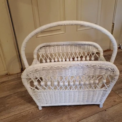 Vintage White Wicker/Bamboo Magazine Rack w/Half Round Handle 18x18x11" - Image 1 of 4