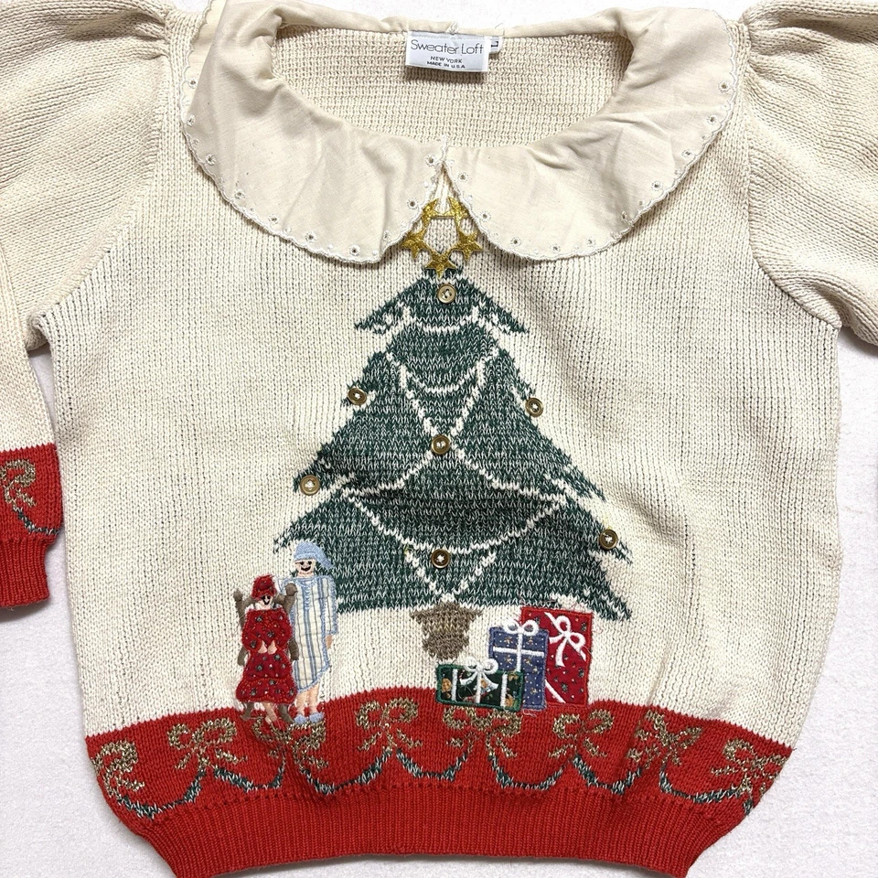 Suéter De Colección Años 90 Navidad Loft Mujer L Abuela Peter Pan Cuello Árbol Hecho en EE. UU. Foto 2 de 4