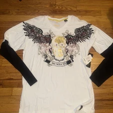 Y2K ATTITUDE GOLD Skull Wings Rhinestones L/S T-Shirt 3XL V NECK AFFLICTION STYL