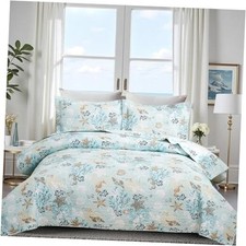 3-Piece Coastal Beach Bedspread Set Quilt Set Blue Ocean Full/Queen Green Gray