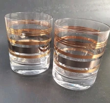 Set Of 2 MCM  Low Ball TumbkeGlassrs With Gold & Bronze Trim Bands Heavy Bottoms