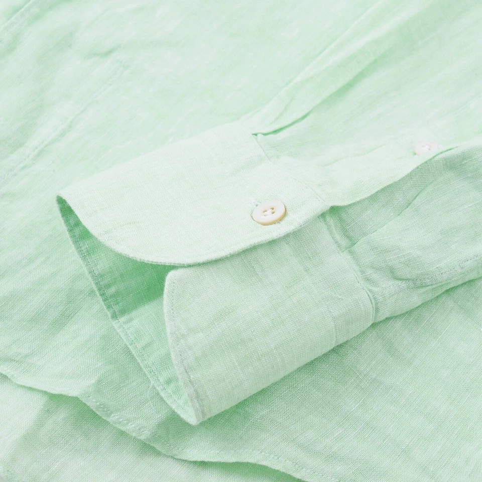 Camisa Finamore Napoli S/S 25 de lino verde con cuello extendido de una pieza 16 nueva con etiquetas Foto 4 de 4