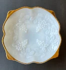 Vintage Milk Glass Raised Bowl with Gold Rim Trim Anchor Hocking Grapes Leaves