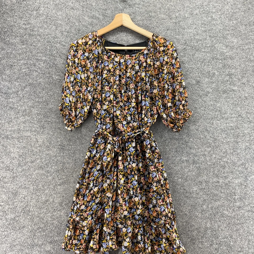 Trixxi Dress Women S Small Black Floral Sheath Midi Belted 3/4 Sleeve Lined - Image 3 of 4