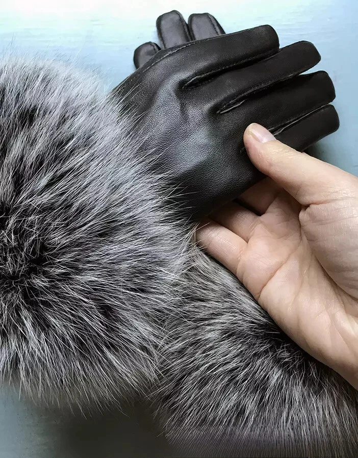 Women Genuine Lambskin Leather Gloves With Real Fox Fur Trim Cuff Winter Warm - Image 4 of 4
