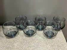 6 Vtg Libbey Tempo Smokey Blue Roly Poly Rocks/Old Fashioned/Low Ball Glasses