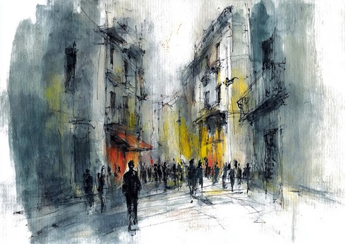 Quadro Folla di Strada Urbana 5"x7" Stampa su Carta Opaca Città Popolo Scena Arte - Foto 3 di 17