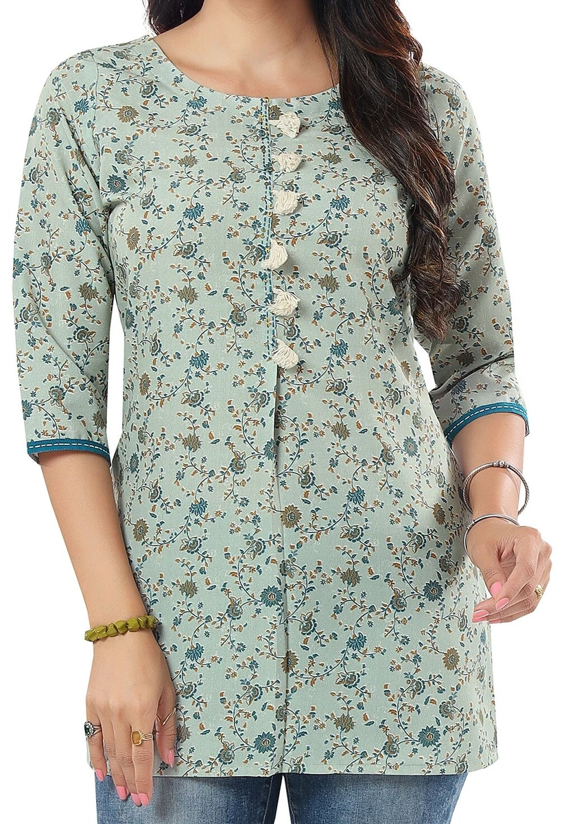 Cotton Mini Green Floral Kurtis Women Indian Kurti Tunic Kurta