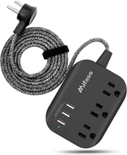 Power Strip w/ 3 USB, Mountable Flat Plug 3 Outlets, 10ft Braided Extension Cord