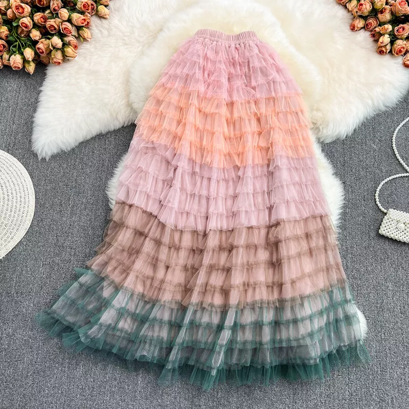 Women s Tiered Ruffle Tulle Skirt Rainbow Mesh Tutu Party Dance