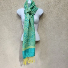 Pashmina Scarf Green Blue Rayon Blend Fringe Shawl Wrap Argyle 26 x 70