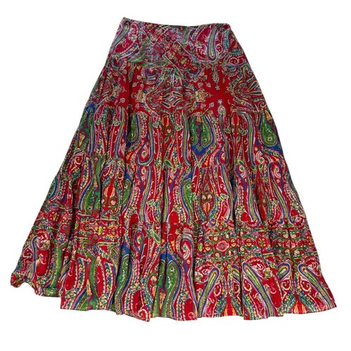Lauren Ralph Lauren Maxirock rot Paisley Stufen elastischer Bund Damen XS