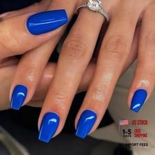 Gel Press on Nails - Short Medium Coffin - Solid Royal Blue - Glossy Royal Blue