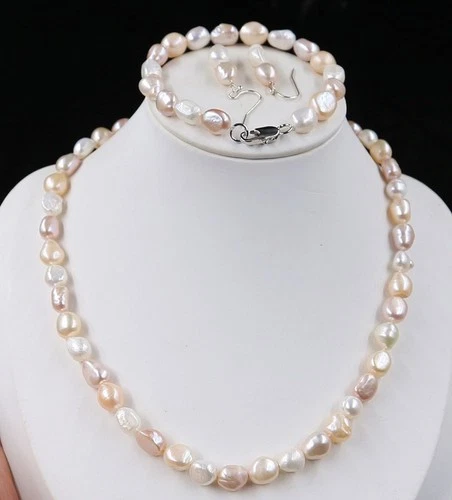 Genuine 10-12 mm White Pink Puple Pearl Necklace Bracelet Earring Set 18"8" - Picture 3 of 8
