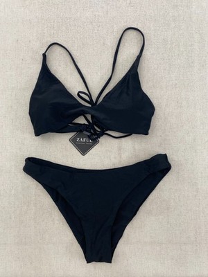 Zaful Bikini Set Womens M Black Stretch Triangle Tie Top Cheeky Bottom Beach NWT