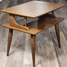 Vintage Mid Century Modern 2 Tier End Side Table MCM Brown Faux Wood Top