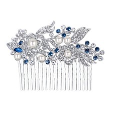 Rhinestone Pearl Wedding Hair Comb Floral Vine Bridal Headpiece Blue Silver Tone