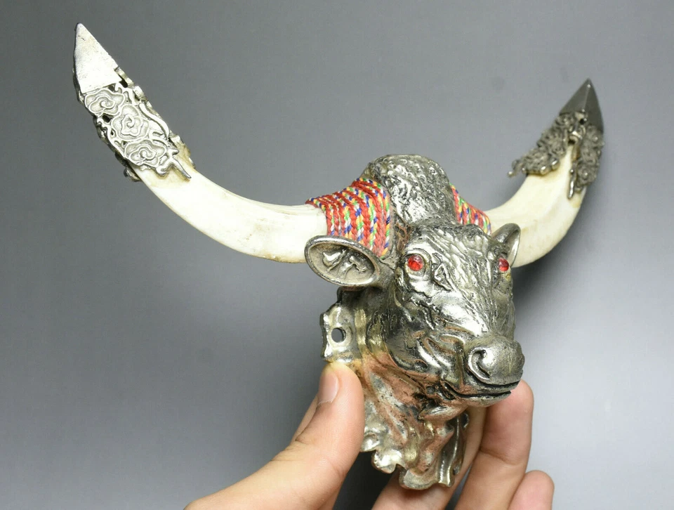 Статуэтка 19 см старая тибетская мяо серебряная кость драгоценный камень зодиак год животное крупный рогатый скот бык голова - Изображение 2 из 4