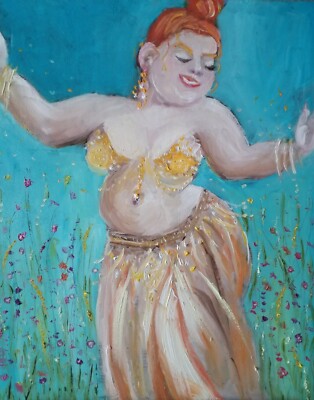 Original Oil Painting BBW Dancing Belly Dance Chubby Cute Girl Dancing Turquoise